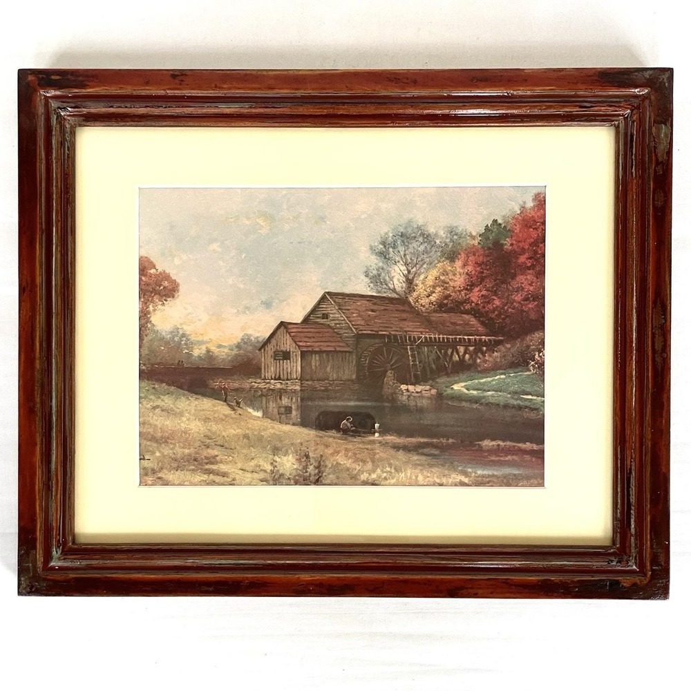 Vintage Robert Wood Mill Stream Lithograph Print Framed Autumn Landscape 13x16